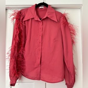 Boutique hot pink feathered button down shirt